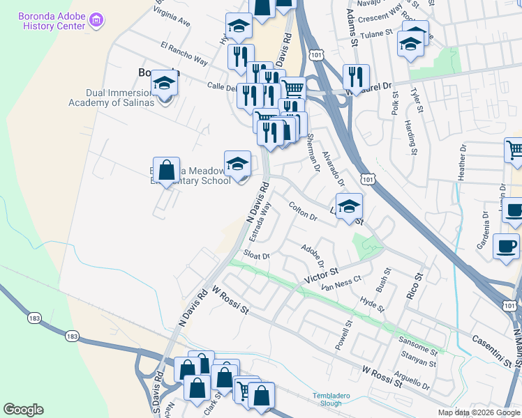 map of restaurants, bars, coffee shops, grocery stores, and more near 949 Estrada Court in Salinas