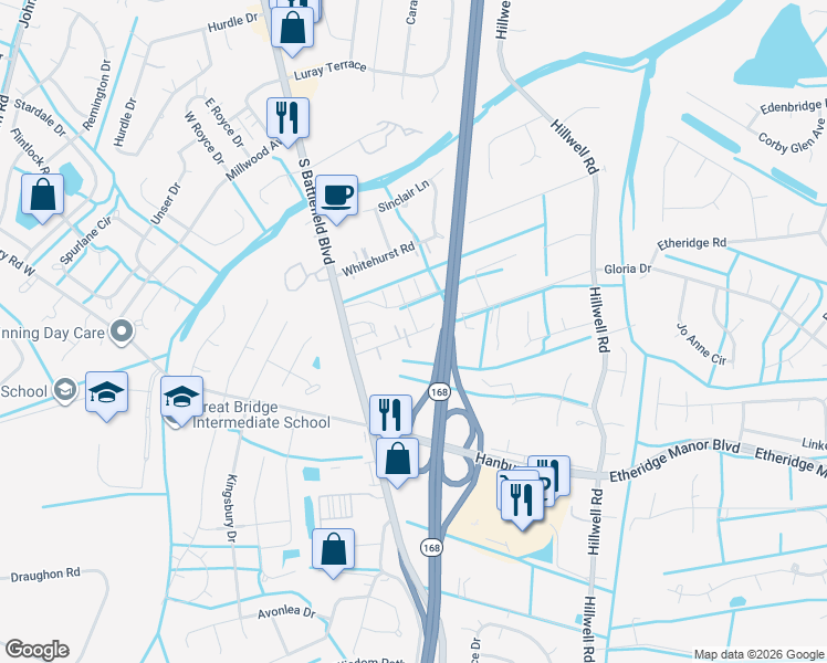 map of restaurants, bars, coffee shops, grocery stores, and more near 160 Hodges Road in Chesapeake