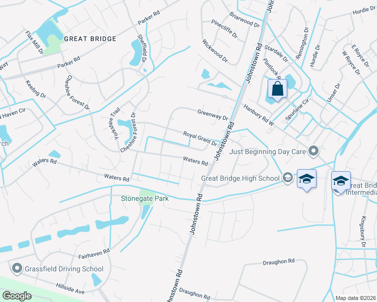 map of restaurants, bars, coffee shops, grocery stores, and more near 1324 Waters Road in Chesapeake