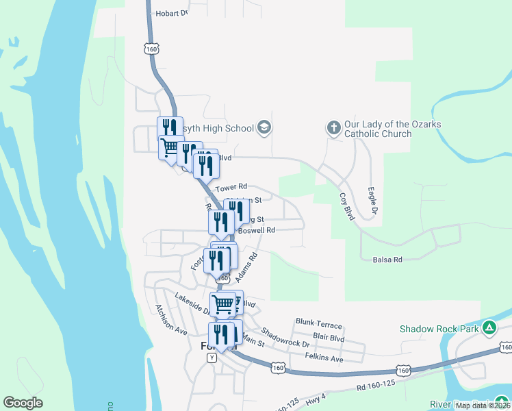map of restaurants, bars, coffee shops, grocery stores, and more near 247 Spring Street in Forsyth