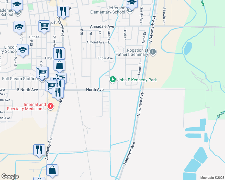map of restaurants, bars, coffee shops, grocery stores, and more near 1848 Industrial Way in Sanger