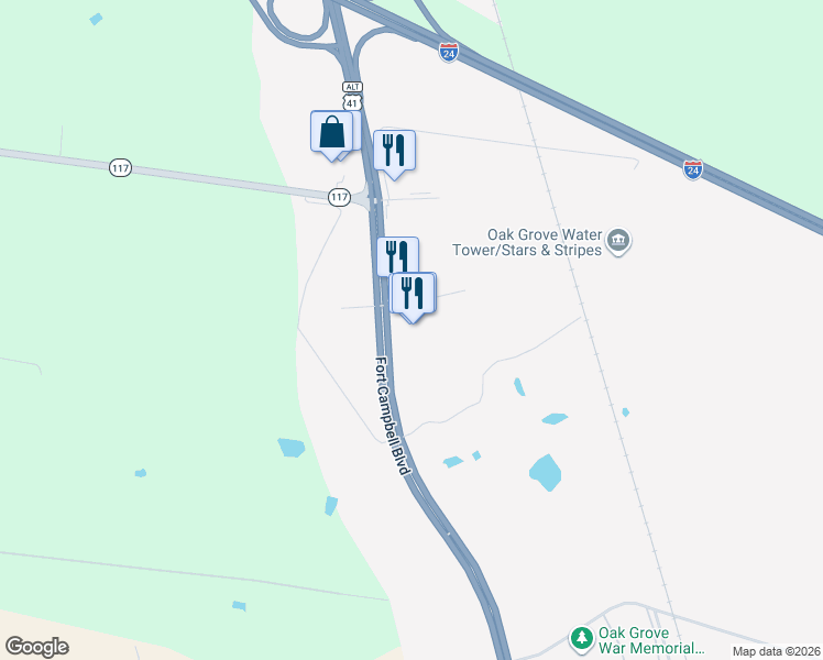 map of restaurants, bars, coffee shops, grocery stores, and more near 12900 Fort Campbell Boulevard in Oak Grove