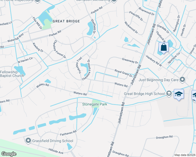 map of restaurants, bars, coffee shops, grocery stores, and more near 1308 Waters Road in Chesapeake