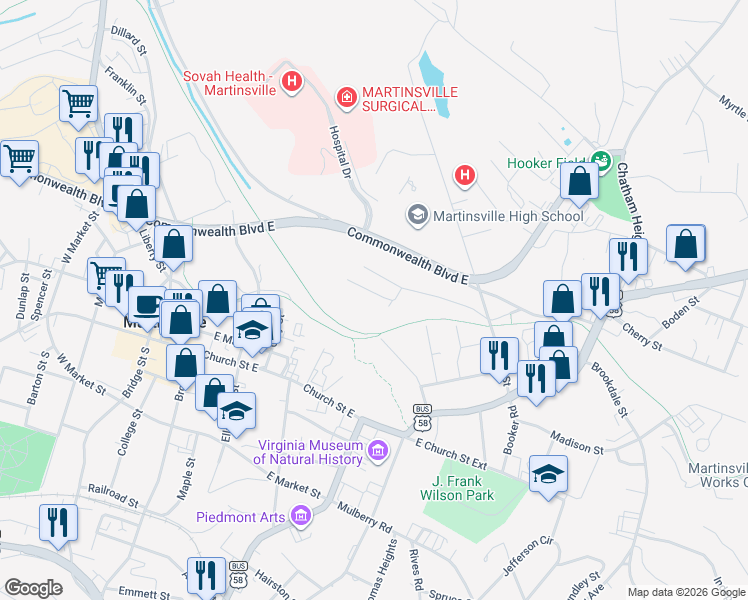 map of restaurants, bars, coffee shops, grocery stores, and more near 300-398 Red Oak St in Martinsville