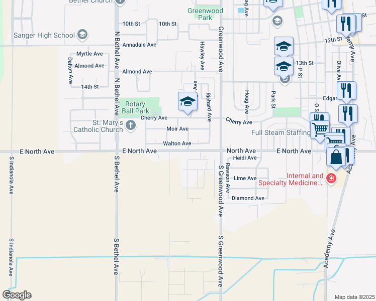 map of restaurants, bars, coffee shops, grocery stores, and more near 2196 Walton Avenue in Sanger