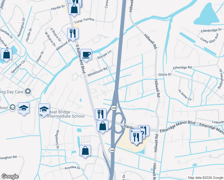 map of restaurants, bars, coffee shops, grocery stores, and more near 209 Hodges Road in Chesapeake