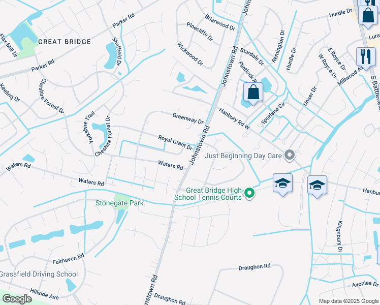 map of restaurants, bars, coffee shops, grocery stores, and more near 501 Royal Grant Drive in Chesapeake