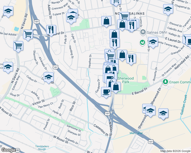 map of restaurants, bars, coffee shops, grocery stores, and more near 229 Iris Drive in Salinas