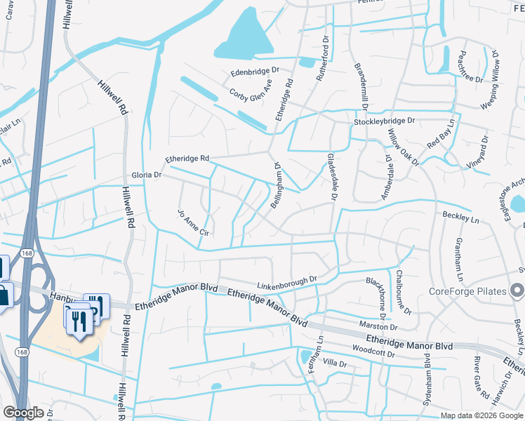 map of restaurants, bars, coffee shops, grocery stores, and more near 613 North Rathwell Court in Chesapeake