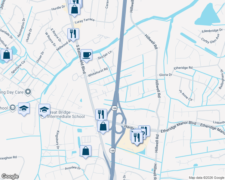 map of restaurants, bars, coffee shops, grocery stores, and more near 209 Hodges Road in Chesapeake