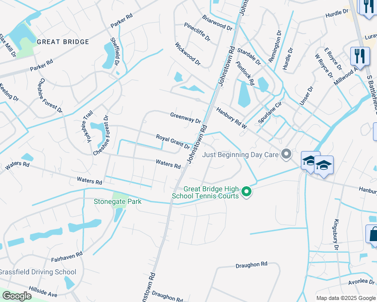 map of restaurants, bars, coffee shops, grocery stores, and more near 501 Royal Grant Drive in Chesapeake