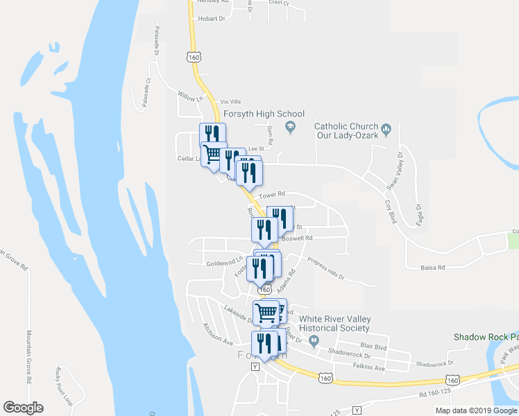 map of restaurants, bars, coffee shops, grocery stores, and more near 119 Division Street in Forsyth