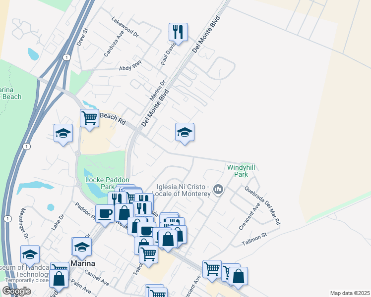 map of restaurants, bars, coffee shops, grocery stores, and more near 261 Beach Road in Marina