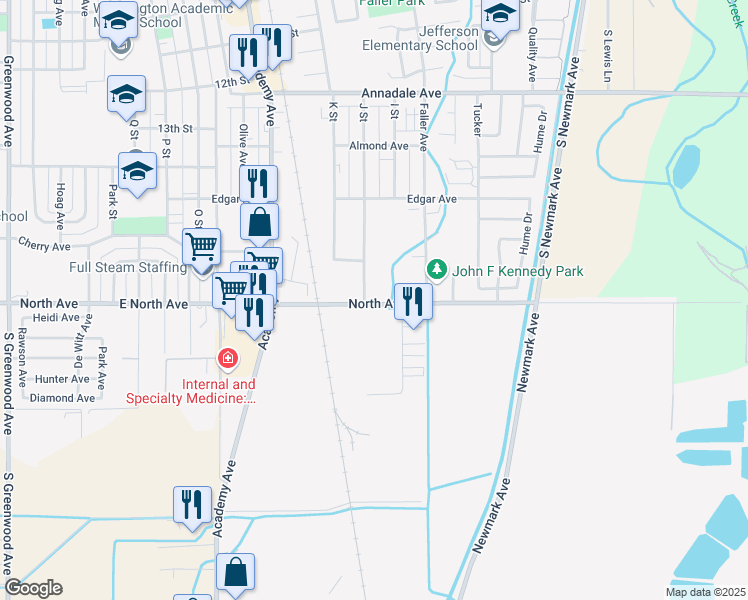 map of restaurants, bars, coffee shops, grocery stores, and more near 1780 J Street in Sanger