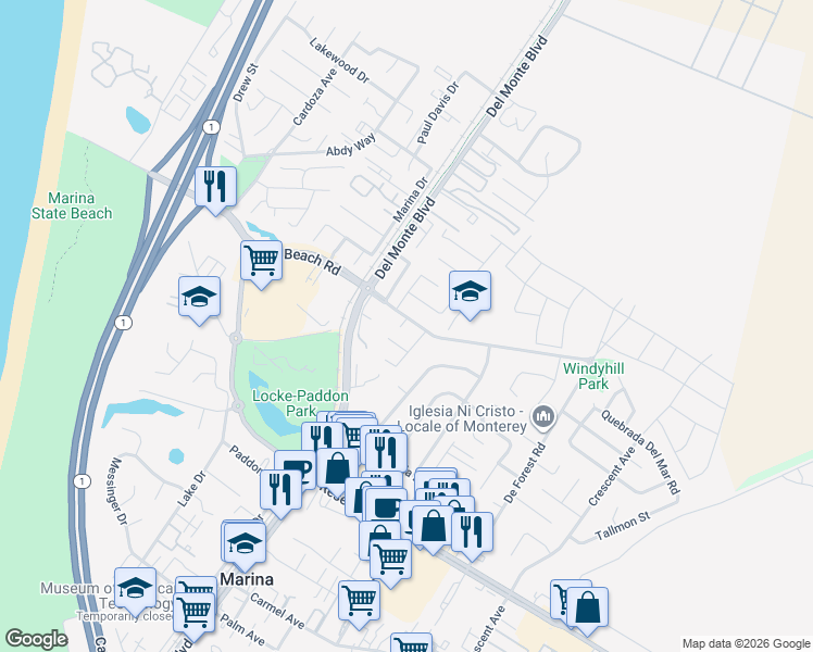 map of restaurants, bars, coffee shops, grocery stores, and more near Beach Road in Marina