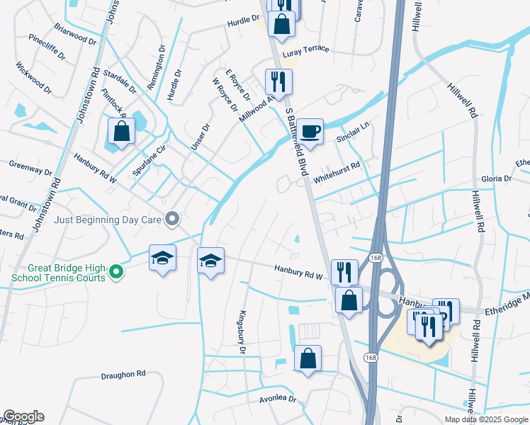 map of restaurants, bars, coffee shops, grocery stores, and more near 913 Hanbury Court in Chesapeake