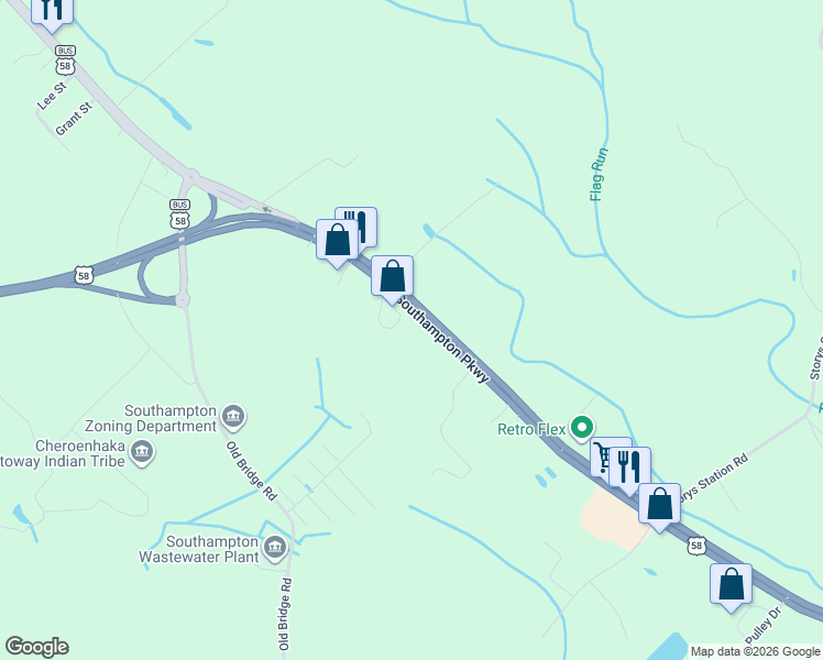 map of restaurants, bars, coffee shops, grocery stores, and more near 28044 Southampton Parkway in Courtland