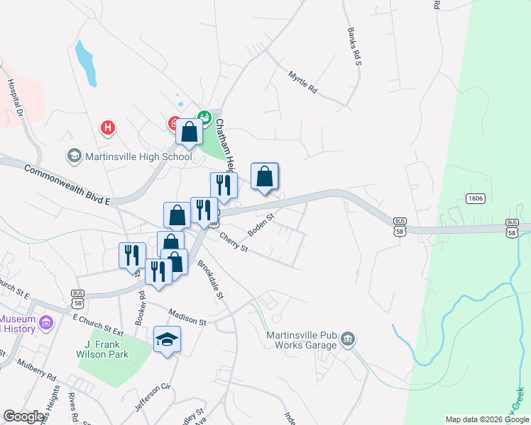 map of restaurants, bars, coffee shops, grocery stores, and more near 989-999 East Church Street in Martinsville