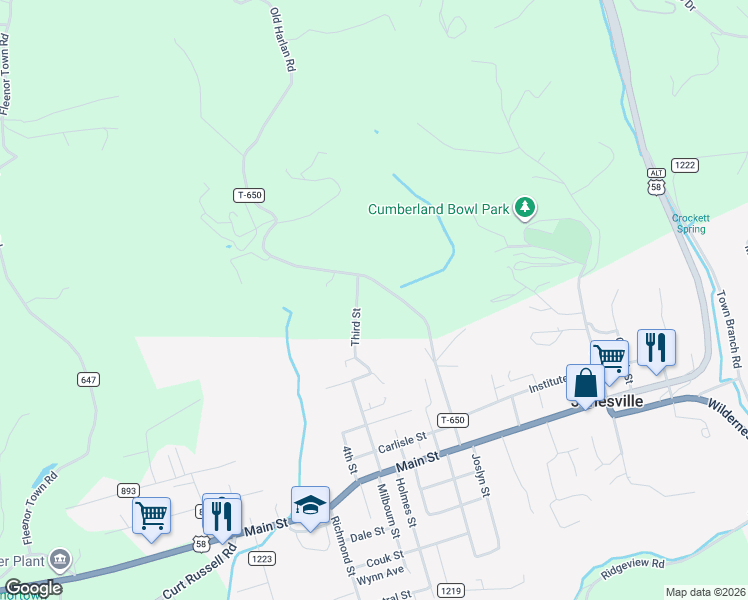 map of restaurants, bars, coffee shops, grocery stores, and more near Old Harlan Road in Jonesville