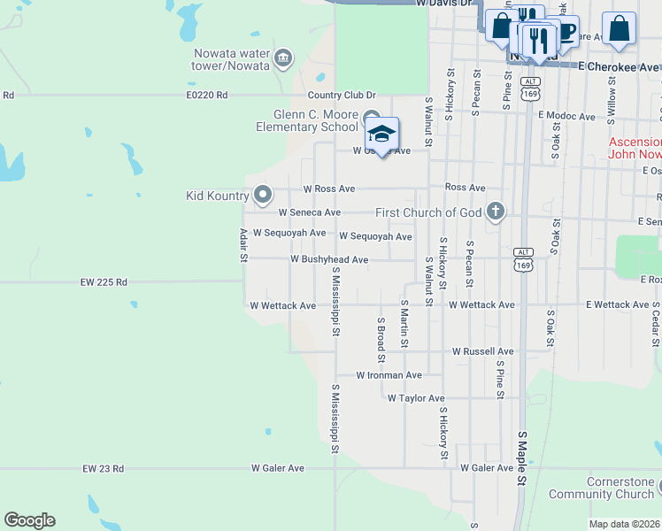 map of restaurants, bars, coffee shops, grocery stores, and more near 447 South Mississippi Street in Nowata
