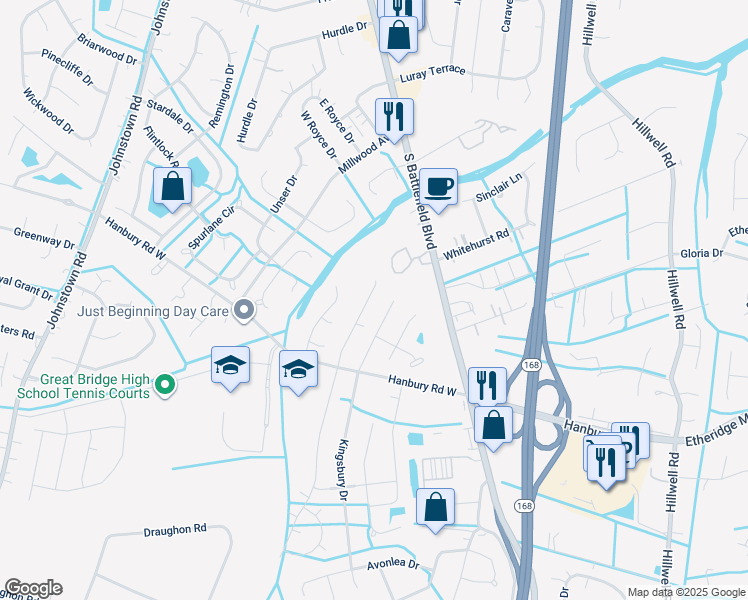 map of restaurants, bars, coffee shops, grocery stores, and more near 913 Hanbury Court in Chesapeake