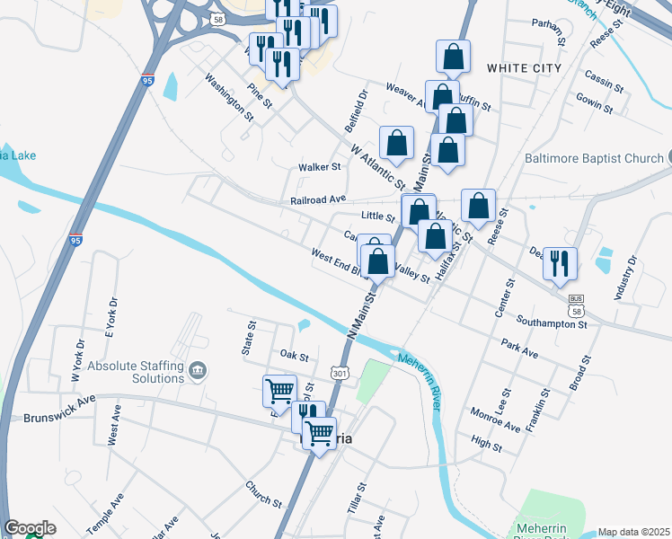 map of restaurants, bars, coffee shops, grocery stores, and more near 117 West End Boulevard in Emporia