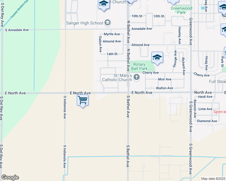map of restaurants, bars, coffee shops, grocery stores, and more near 2778 Walton Avenue in Sanger