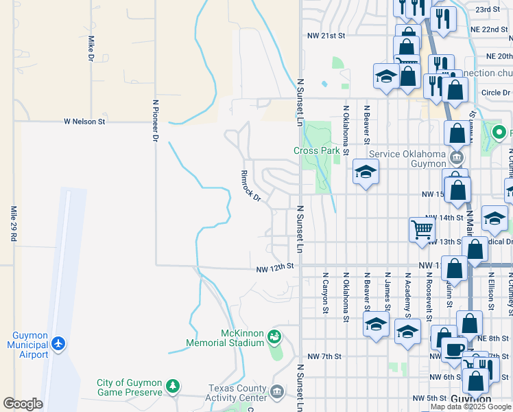 map of restaurants, bars, coffee shops, grocery stores, and more near 1415 Rimrock Drive in Guymon