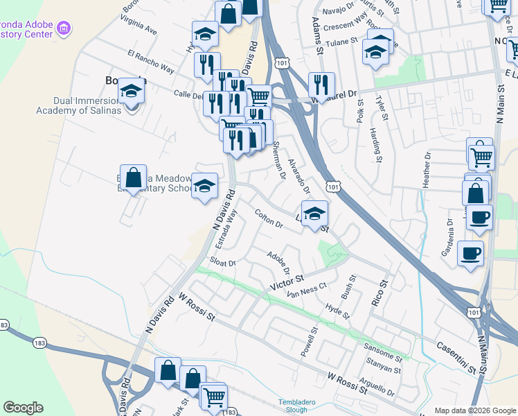map of restaurants, bars, coffee shops, grocery stores, and more near 988 Stokes Way in Salinas