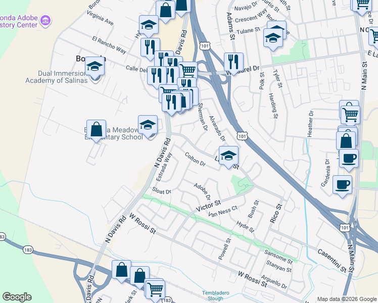 map of restaurants, bars, coffee shops, grocery stores, and more near 988 Stokes Way in Salinas