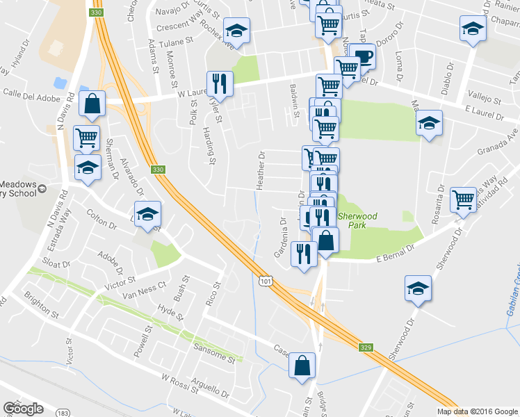 map of restaurants, bars, coffee shops, grocery stores, and more near 229 Iris Drive in Salinas