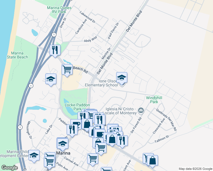 map of restaurants, bars, coffee shops, grocery stores, and more near 228 Michael Drive in Marina