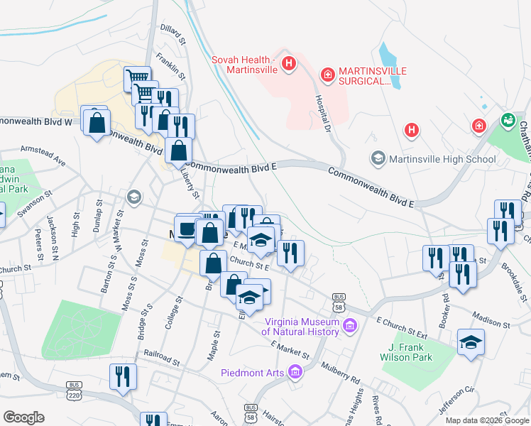 map of restaurants, bars, coffee shops, grocery stores, and more near 200 Lester Street in Martinsville