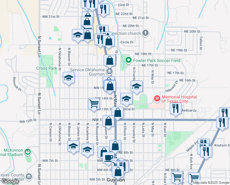 map of restaurants, bars, coffee shops, grocery stores, and more near 1501 Oklahoma 3 in Guymon