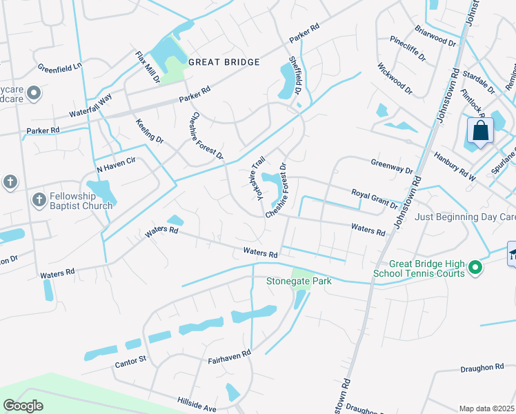 map of restaurants, bars, coffee shops, grocery stores, and more near 752 Yorkshire Trail in Chesapeake