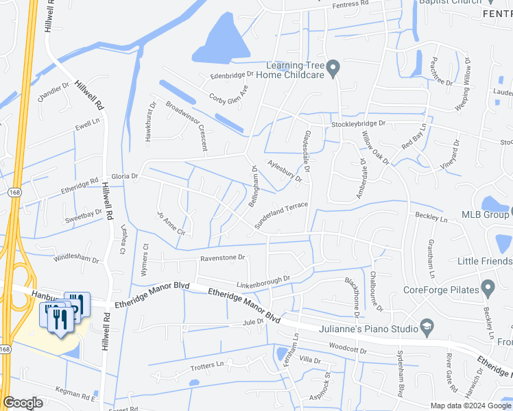 map of restaurants, bars, coffee shops, grocery stores, and more near 825 Bellingham Drive in Chesapeake