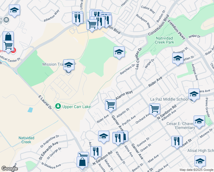 map of restaurants, bars, coffee shops, grocery stores, and more near 731 La Honda Court in Salinas