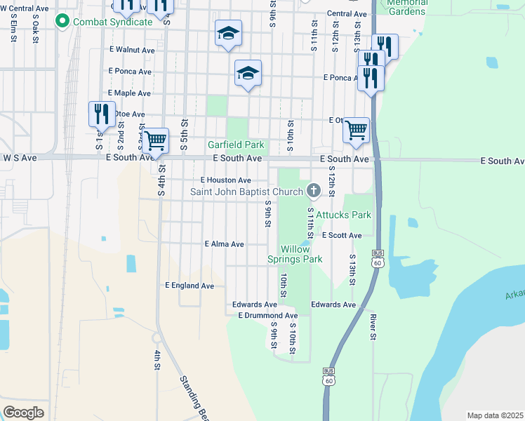 map of restaurants, bars, coffee shops, grocery stores, and more near 1100 South 9th Street in Ponca City