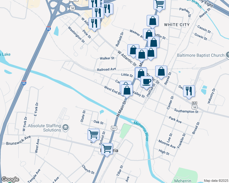 map of restaurants, bars, coffee shops, grocery stores, and more near 117 West End Boulevard in Emporia