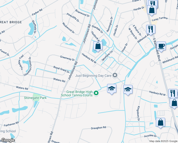 map of restaurants, bars, coffee shops, grocery stores, and more near 901 Saddleback Trail Court in Chesapeake
