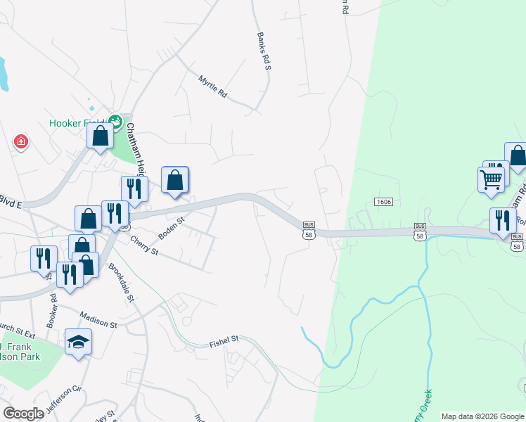 map of restaurants, bars, coffee shops, grocery stores, and more near 1100-1138 E Church St in Martinsville