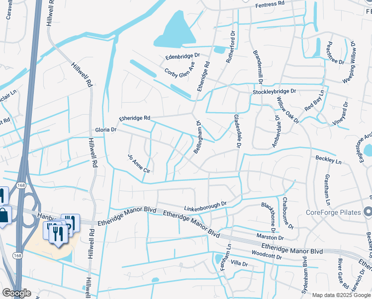 map of restaurants, bars, coffee shops, grocery stores, and more near 605 North Rathwell Court in Chesapeake