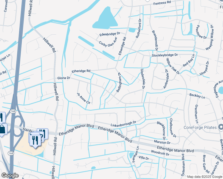map of restaurants, bars, coffee shops, grocery stores, and more near 605 North Rathwell Court in Chesapeake