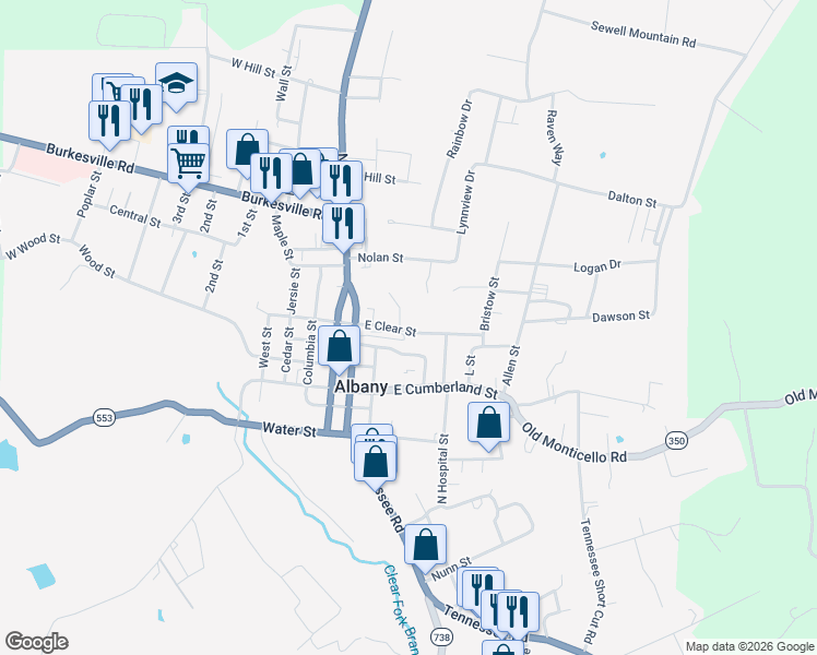 map of restaurants, bars, coffee shops, grocery stores, and more near 316 East Clear Street in Albany