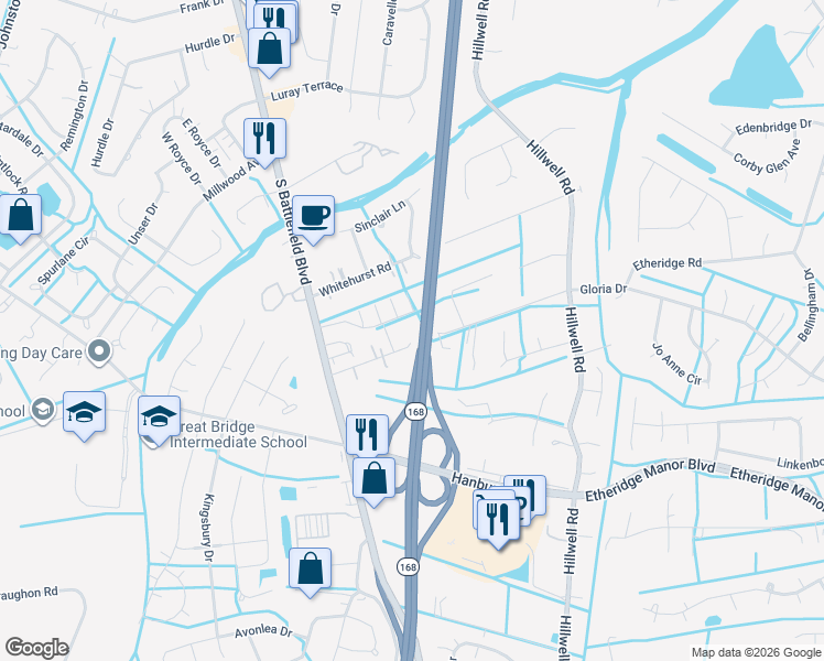 map of restaurants, bars, coffee shops, grocery stores, and more near 209 Hodges Road in Chesapeake
