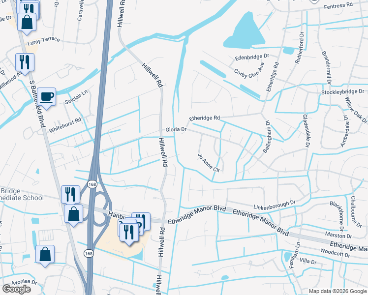 map of restaurants, bars, coffee shops, grocery stores, and more near 381 Etheridge Road in Chesapeake