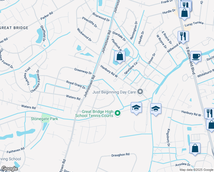 map of restaurants, bars, coffee shops, grocery stores, and more near 901 Saddleback Trail Court in Chesapeake