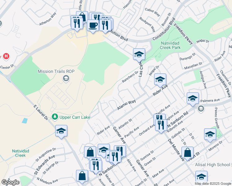 map of restaurants, bars, coffee shops, grocery stores, and more near 731 La Honda Court in Salinas