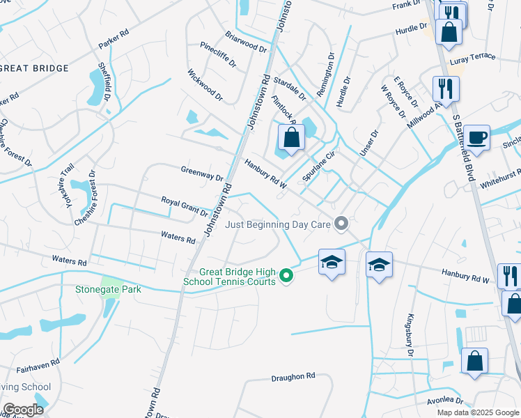 map of restaurants, bars, coffee shops, grocery stores, and more near 901 Saddleback Trail Court in Chesapeake