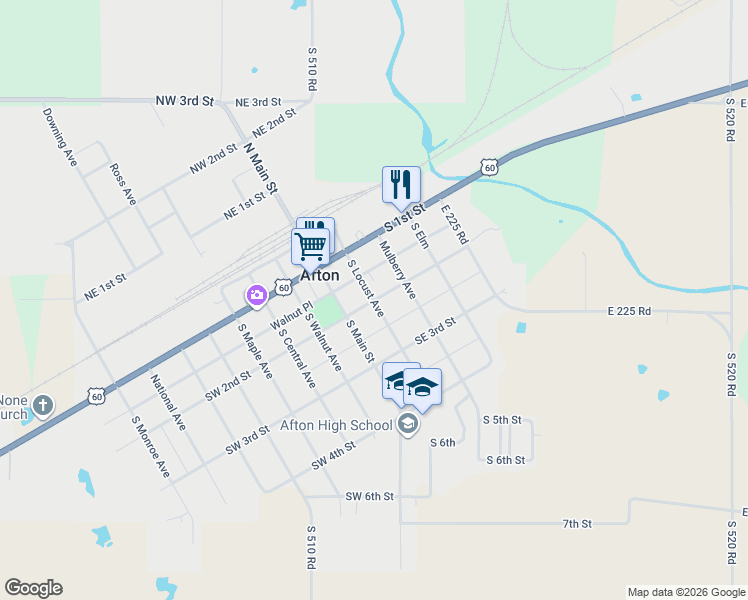 map of restaurants, bars, coffee shops, grocery stores, and more near 101 Southeast 2nd Street in Afton